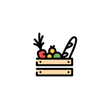 Vector food wooden box icon template. Farmers market wood crate illustration. Line grocery background with organic fruits and vegetables. Healthy natural product design conceptのイラスト素材