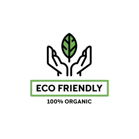 Vector eco friendly icon template. 100 organic illustration background with hands and leaf. Line premium quality label for local farmers market, healthy natural products, bio businessのイラスト素材
