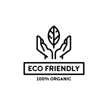 Vector eco friendly icon template. 100 organic label illustration background with hands and leaf. Line premium quality for local farmers market, healthy natural products, bio businessのイラスト素材