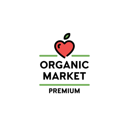 Vector organic market premium icon template. Line love symbol with fruit heart and green leaf sign. Farm food, raw, vegan, eco friendly label for local farmers, healthy bio goodsのイラスト素材
