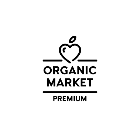 Vector organic market premium icon template. Line love symbol with fruit heart and green leaf sign. Farm food, raw, vegan, eco friendly label for local farmers, healthy bio goodsのイラスト素材