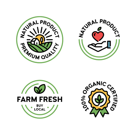 Vector natural product icon label set. Line premium quality  badges with green leaves. 100 percent organic certified. Farm fresh, buy local. Eco bio food emblems for farmers market, healthy goodsのイラスト素材