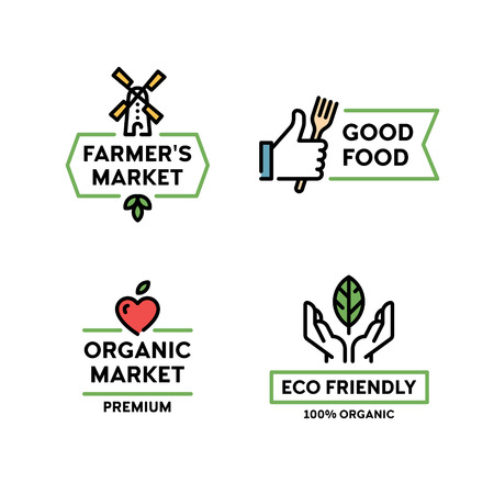Vector organic farmers food label set. Good food  with hand like. Line windmill symbol illustration. 100 organic icon with leaf. Farm, eco friendly badges for local market, healthy bio goodsのイラスト素材