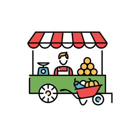 Vector farmers market stall icon template. Line fruit and vegetable shop symbol illustration. Local farm food stand  background. Flat greengrocer store business with organic eco bio productsのイラスト素材