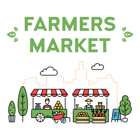 Vector farmers market illustration. Line fruit and vegetable shop banner template. Local farm food stand background. Flat greengrocer store business with organic eco bio productsのイラスト素材