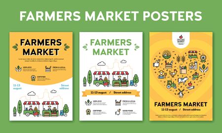 Farmers market design poster set. Vector local farm event backgrounds with place for text. City food festival illustrations with organic products. Line healthy fruit and vegetable shop banner templateのイラスト素材