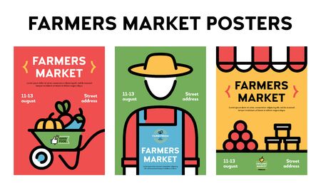 Vector farmers market poster illustration set. Farm event flyer backgrounds with place for text. Line fruit and vegetable shop banner templates. Food festival flyers with farmer, organic productsのイラスト素材