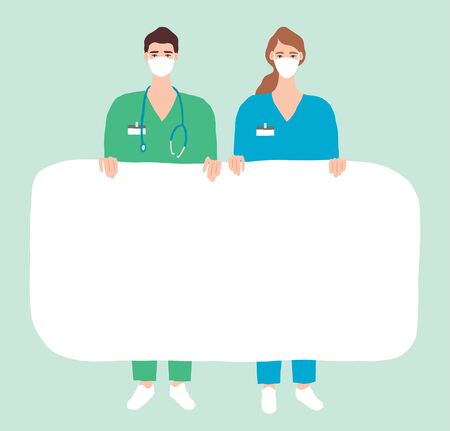 Vector illustration of doctors in medical masks with empty banner. Hospital team holding blank paper with place for text. Flat health care design conceptのイラスト素材