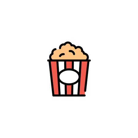 Vector popcorn icon template. Modern concept for cinema, cafe, stall. Pop corn in red package box logo background. Line street food symbol illustrationのイラスト素材