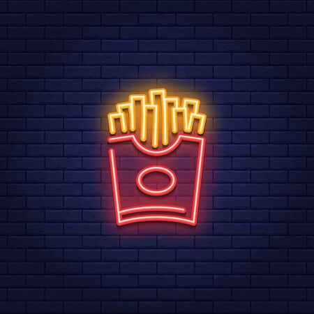 Vector neon french fries ico. Glowing potatoes in red package box logo background. Line street food sign illustration. Modern concept for cafe, stall, restaurant, deliveryのイラスト素材