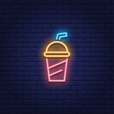 Vector neon soda cup icon. Glowing sweet drink logo background. Juice or cold drink sign for take away, cafe, cafeteria, restaurant, stall. Line street food symbol illustrationのイラスト素材