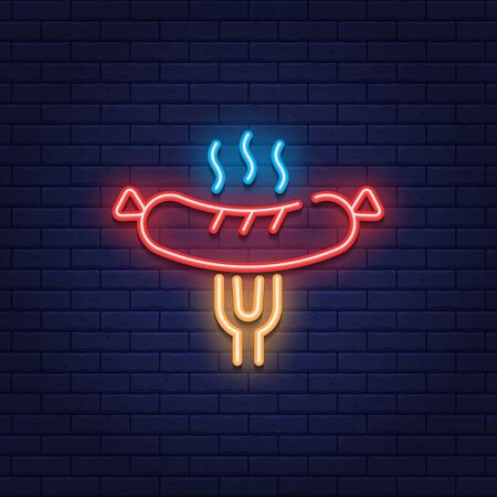 Vector neon grilled sausage on fork icon. Line street fast food symbol illustration. Barbecue party logo background. Glowing sign for picnic, bbq, cafe, stall, deliveryのイラスト素材