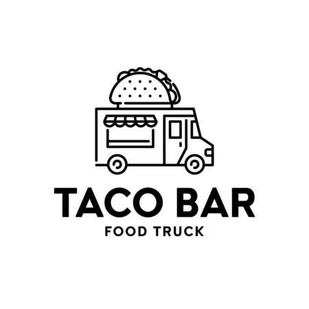 Street fast food truck logo. Line taco van logotype illustration. Vector mexican meals delivery car. Festival shop transport to cook and sell snacksのイラスト素材