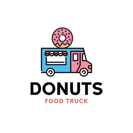 Vector street food truck logo template. Line donut van logotype illustration. Candy bakery car background. Festival shop car to cook and sell snacksのイラスト素材