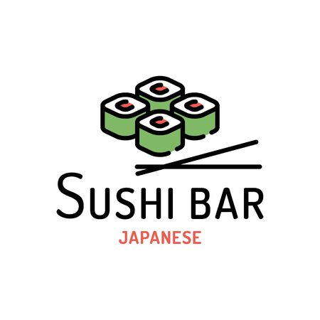 Vector sushi bar logo template. Line rolls with chopsticks label illustration. Flat japanese food logotype. Modern concept for asian menu cafe, restaurant, deliveryのイラスト素材