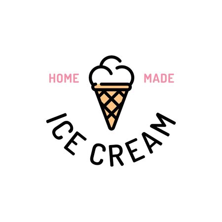 Vector ice cream logo template. Sweet dessert in waffle cone logotype background.  Candy concept for cafe, cafeteria, restaurant, stall. Line street food symbol illustrationのイラスト素材