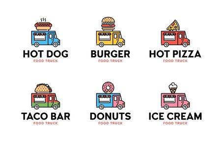Vector street food truck logo set. Line snack car logotype. Festival van illustration background: hot dog, burger, pizza, taco bar, donuts, ice creamのイラスト素材