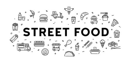 Street food banner concept. Modern icon design template for cafe, delivery, restaurant, stall, bar. Vector line fastfood logo illustration. Flat take away symbol templateのイラスト素材