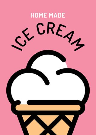 Vector ice cream background poster. Line street fastfood icon illustration. Sweet dessert in waffle cone banner concept.  Candy food flyer design for cafe, cafeteria, restaurant, stall, market, partyのイラスト素材
