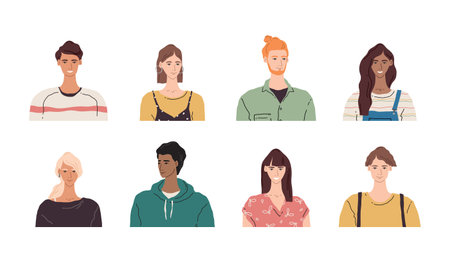 Vector avatar face illustration. Group of multicultural young people. Smiling character portrait...