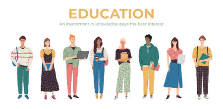Vector student character illustration. Multicultural education team banner. Group of young people with books, laptop, tablet. College boys and girls learning togetherのイラスト素材