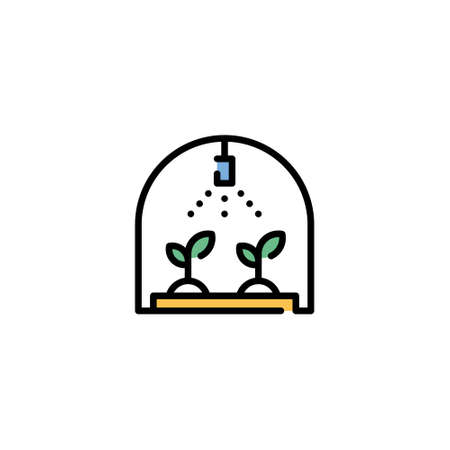 Vector greenhouse irrigation icon. Smart farm sprinkler system illustration. Modern technology agriculture concept of glasshouse. Flat automatic drip watering templateのイラスト素材