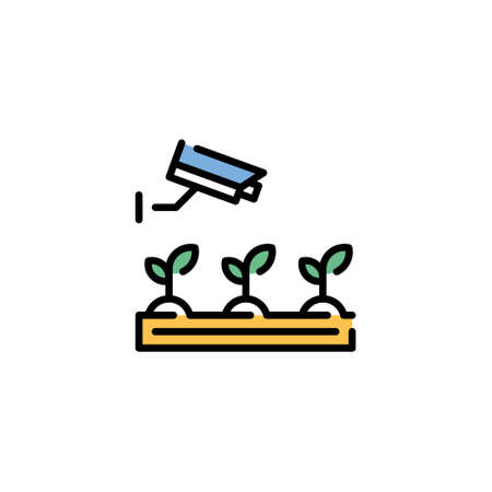 Vector CCTV cam monitoring icon. Linear illustration of smart farming digital process. Simple agriculture technology management symbol. Wireless camera video control conceptのイラスト素材