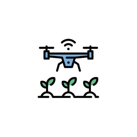 Vector agriculture drone icon. Outline template of digital farming technology. Modern agritech symbol illustration. Wireless smart farm management conceptのイラスト素材