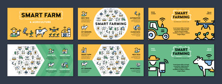 Vector smart farm icon illustrations. Digital farming banners with place for text. Technology...