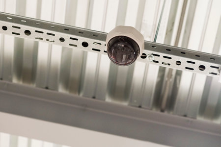 video surveillance from the ceiling and the notion of safety - near indoor CCTV camera on the ceiling of the control system security area with towers the background and copy space.の写真素材