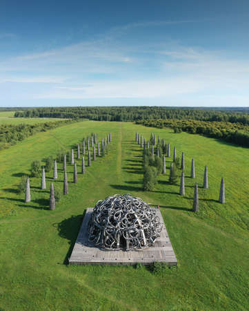 Russia; Nikola-Lenivets - 13 August 2019. Sculpture Â«Universal mindÂ» in the Art Park Nikola Lenivets. Kaluga Region; Russia. Aerial View.のeditorial素材