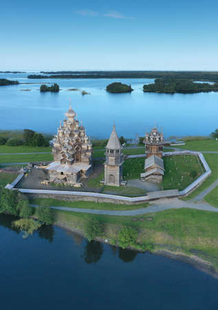 Aerial view of Kizhi island. Church of The Transfiguration built in the early 18th century. Onega lake, Karelia, Russia.のeditorial素材