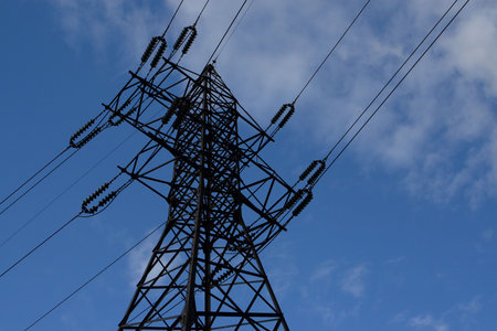 High voltage iron line on blue sky