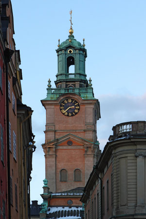 Stockholm Clock Tower in old town on blue sky. Swedenの写真素材