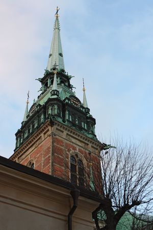 Stockholm Clock Tower in old town on blue sky. Swedenの写真素材