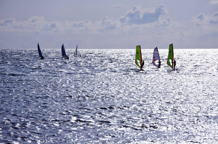 Seven windsurfers are at the Mediterranean Sea, Israel
