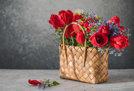 Summer or spring bouquet of daffodils and red tulips in a wicker basket located on a white background. Blossom of spring flowers.の写真素材