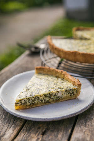 Quiche with spinach - traditional dish of french cuisine. Spinach tartの写真素材