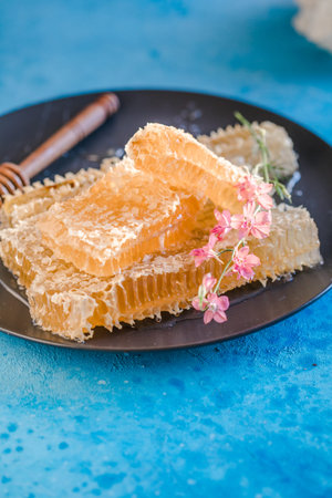 wooden honey dipper and honeycombs on background of woodenの写真素材