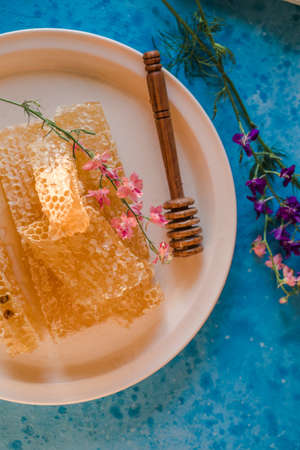 wooden honey dipper and honeycombs on background of woodenの写真素材