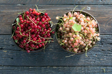 Ripe red currant berries in a bowl on a rustic wooden backgroundの写真素材