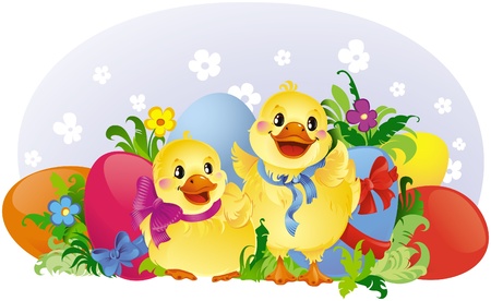 Easter greeting card with ducklings and eggsのイラスト素材