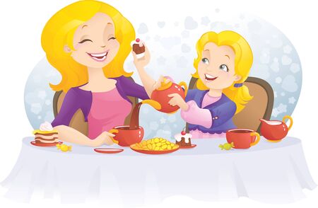 Little gil and her mother have a tea party on The Mother's dayのイラスト素材