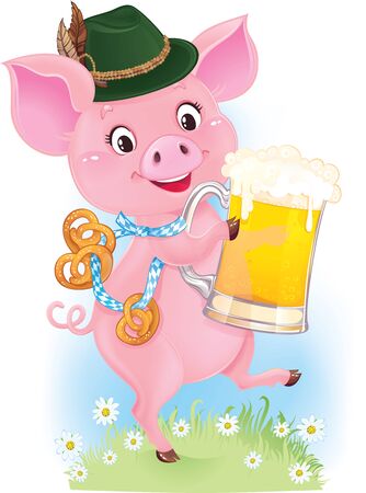 Cute dancing piglet is holding beer glass and pretzelsのイラスト素材