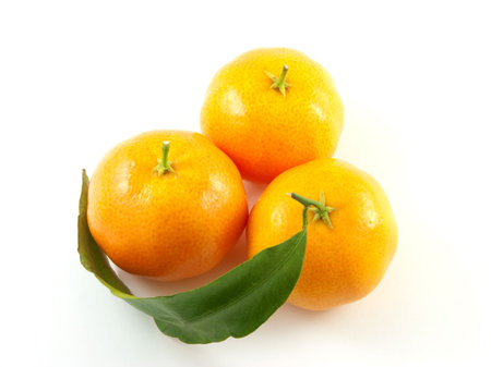 Three mandarin with leaf isolated on white background.の写真素材