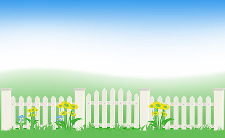 Grass and fence under blue sky.のイラスト素材