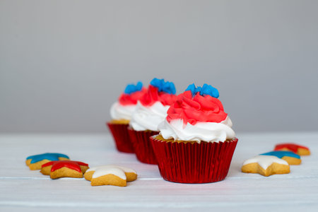 American patriotic themed cupcakes for the 4th of July.  Shallow depth of field.の写真素材