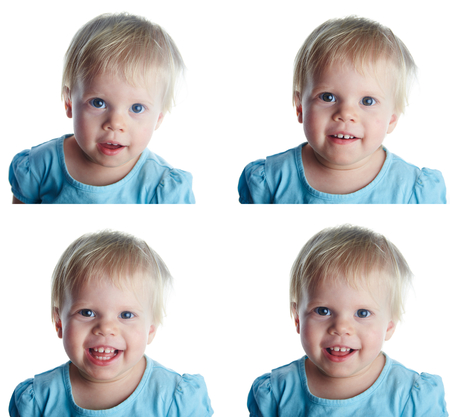 Cute baby girl with four different emotion isolated on a white studio shot.の写真素材