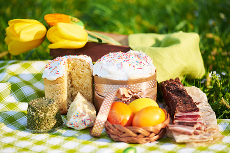 Easter cake and bright colored eggs gathered together with meat, treats and tulips on the lawn among the grassの写真素材