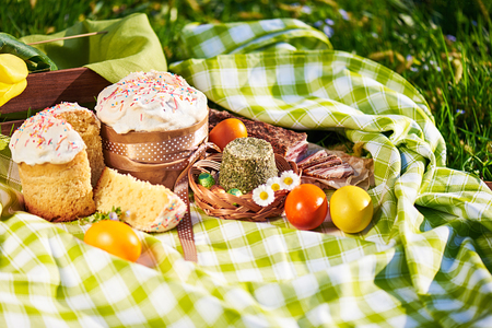 Easter cake and bright colored eggs gathered together with meat, treats and tulips on the lawn among the grassの写真素材